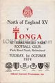 England North v Tonga 1974 rugby  Programme